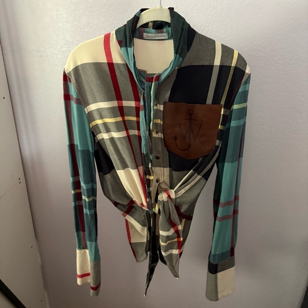 J W ANDERSON sz 4 Blue Long Sleeve Tie Plaid Button Down Leather Patch Pocket